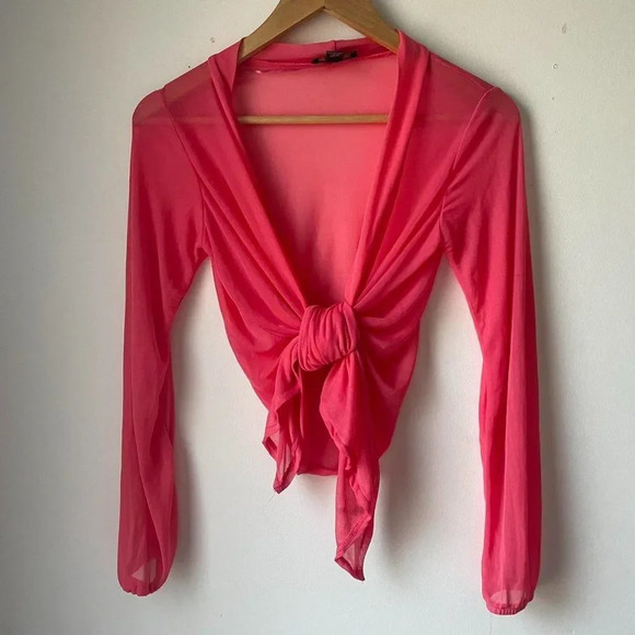 Coral Pink Mesh Tie front balletcore cardigan S - Picture 5 of 5